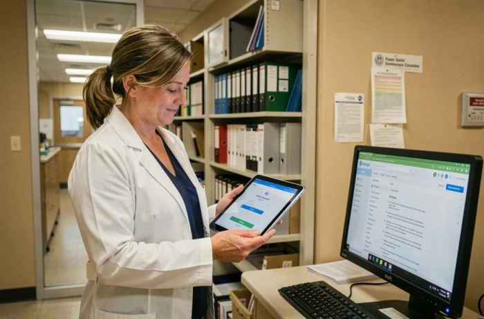 Administratrice médicale consultant un portail de santé sur tablette dans un service de gestion des dossiers hospitaliers