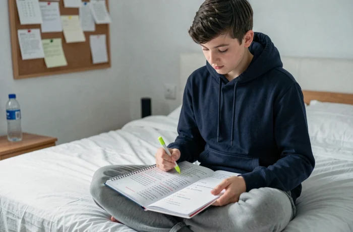 Adolescent révisant la conjugaison du verbe partir au présent dans sa chambre avec un cahier de grammaire française