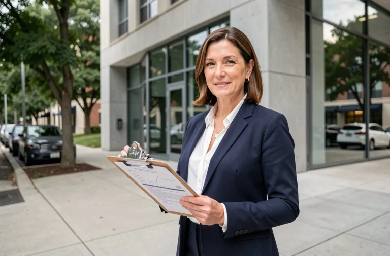 Agent immobilière professionnelle devant un immeuble résidentiel moderne, tenant des documents de vente