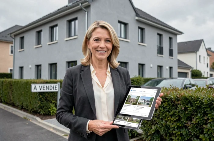 Agent immobilière professionnelle devant un immeuble résidentiel à vendre en 2024