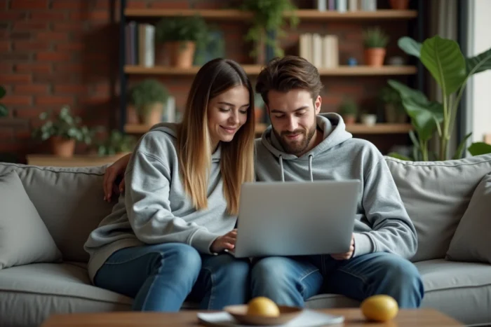 Couple partageant un moment intime et décontracté dans un appartement moderne, évoquant la vie quotidienne d'Alicia Dauby avec son compagnon