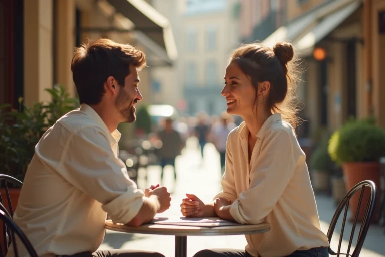 Couple complice partageant un moment de rire en terrasse de café, illustrant la vie amoureuse d'Alicia Dauby en 2026