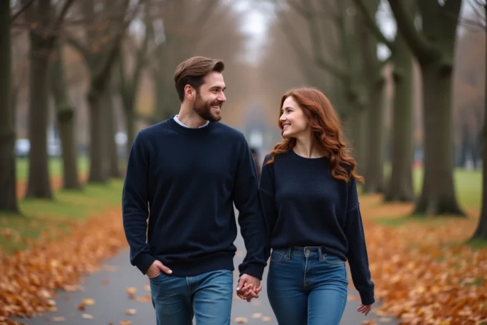 Couple se promenant main dans la main dans un parc en automne, représentant la vie de couple d'Alicia Dauby