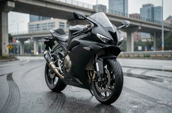 Moto sportive haute performance noire mate garée sur route mouillée, alternative à la Yamaha R1