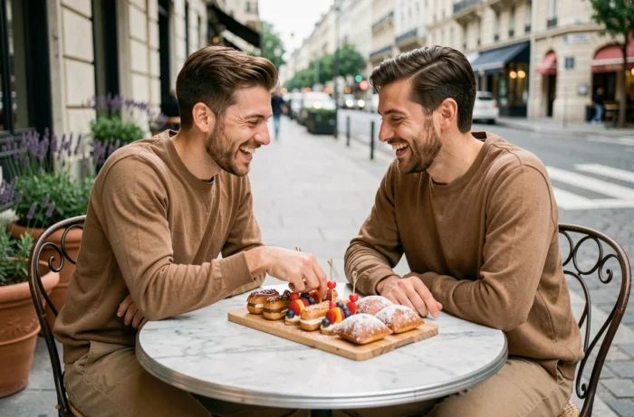 Deux amies partageant un plateau de petits gâteaux et douceurs sucrées à la terrasse d'un café parisien dans une ambiance conviviale