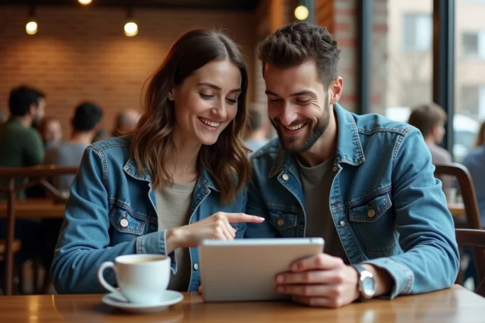 Deux amis dans un café consultant ensemble les demandes envoyées sur Instagram via une tablette