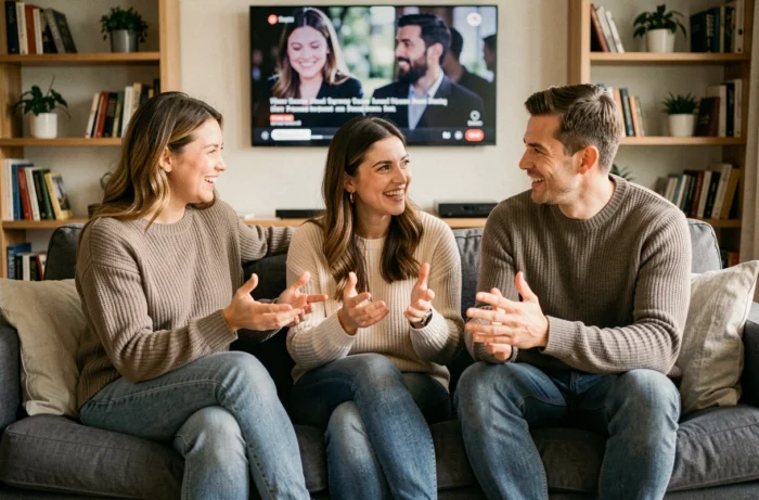 Groupe d'amis réunis dans un salon discutant de leurs séries TV préférées avec enthousiasme