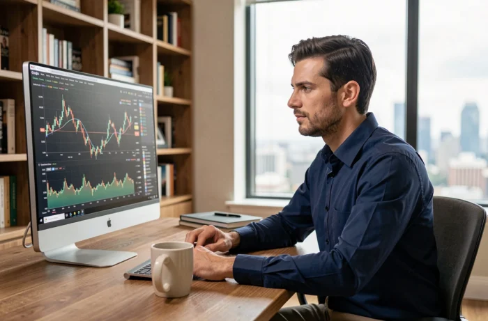 Homme analysant des graphiques boursiers sur un écran d'ordinateur dans un bureau moderne