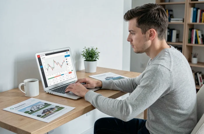 Jeune homme analysant les tendances du marché immobilier sur ordinateur pour son projet en 2024