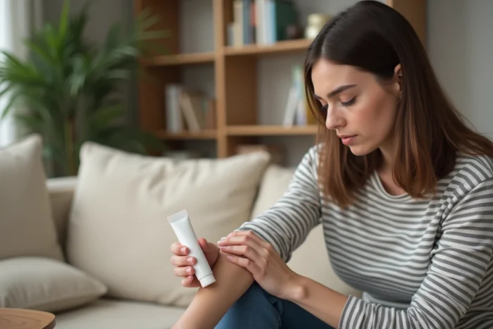 Femme appliquant une crème à base de cortisone sur son avant-bras dans un salon
