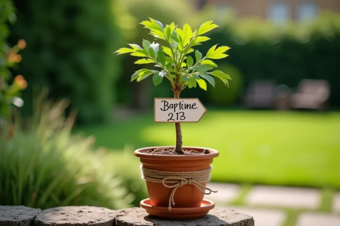 Jeune plant de chêne en pot de terre cuite avec étiquette portant prénom et date de baptême attachée avec ficelle dans un jardin
