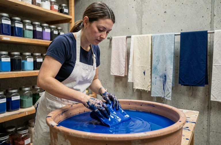 Artiste textile plongeant du tissu dans un bain de teinture bleu électrique dans un atelier en béton