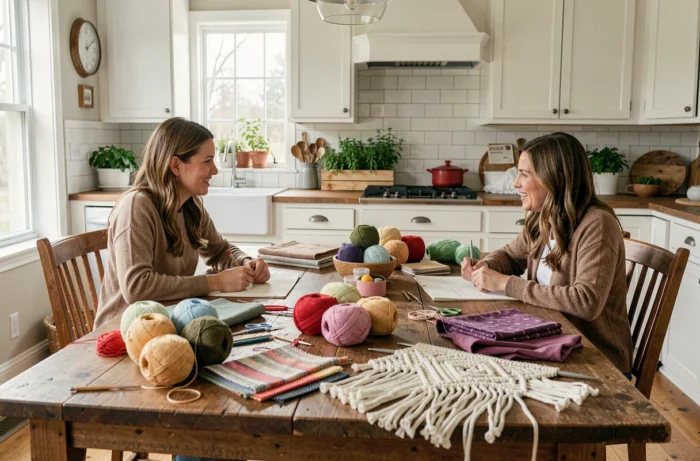 Deux femmes pratiquant le crochet et le macramé ensemble dans une cuisine conviviale