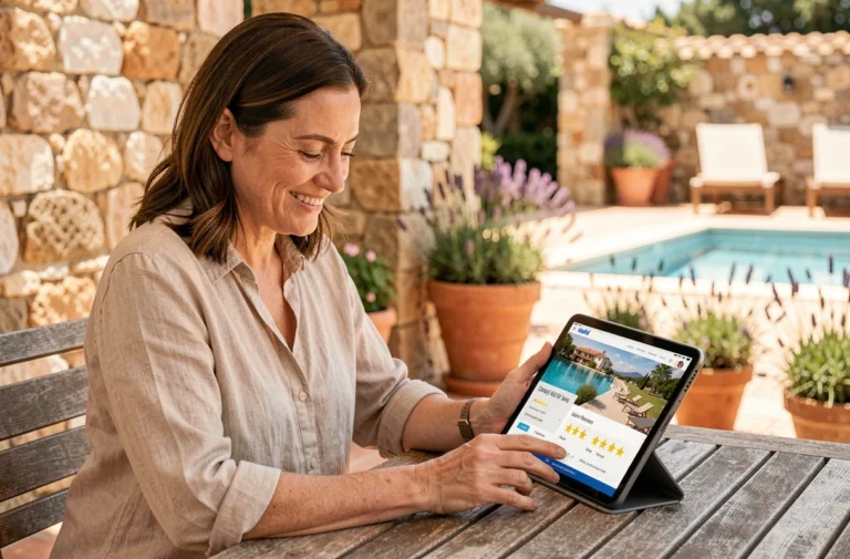 Femme consultant les avis clients d'une location de vacances Odalys sur une tablette en terrasse