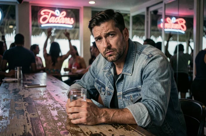 Homme pensif assis dans un bar de club de plage à Ibiza, ambiance sombre et dramatique rappelant la série Netflix White Lines