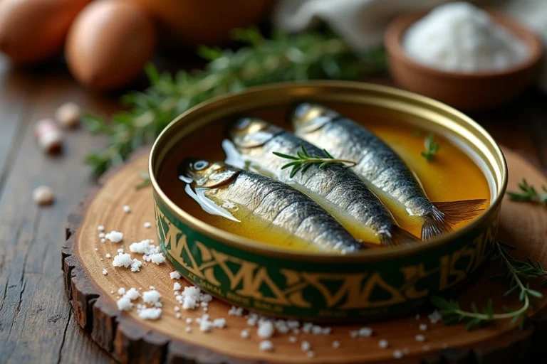Boîte de sardines en conserve ouverte sur une table en bois avec huile d'olive, gros sel et thym frais, vue de dessus