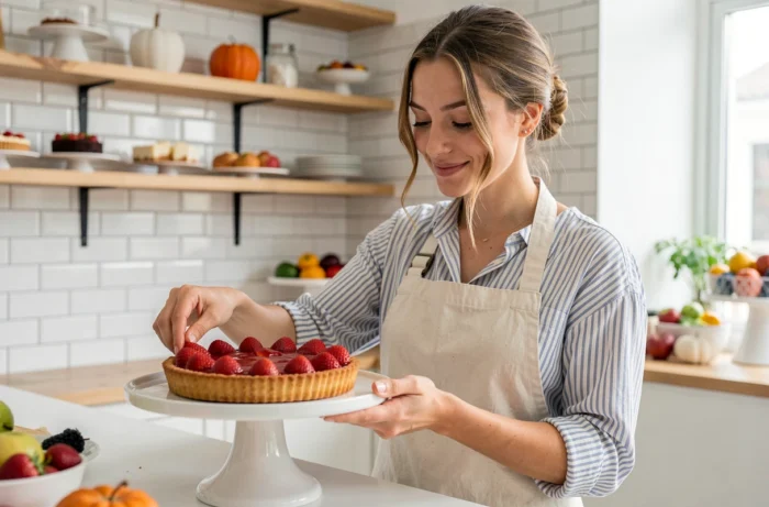 Jeune femme en tablier de lin posant une tarte aux fraises glacée sur un présentoir dans une boulangerie moderne et lumineuse