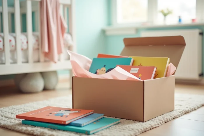 Box d'abonnement de livres jeunesse ouverte avec livres colorés en carton et carte de bienvenue dans une chambre bébé