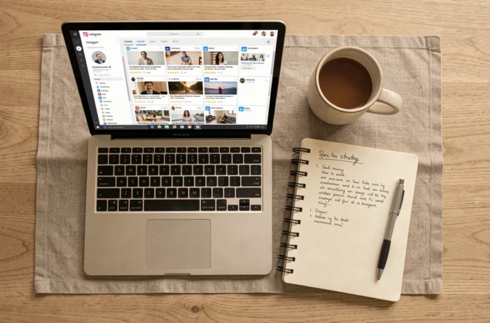 Vue de dessus d'un bureau minimaliste avec un ordinateur portable affichant un outil de programmation de contenu pour les réseaux sociaux et des notes de stratégie éditoriale
