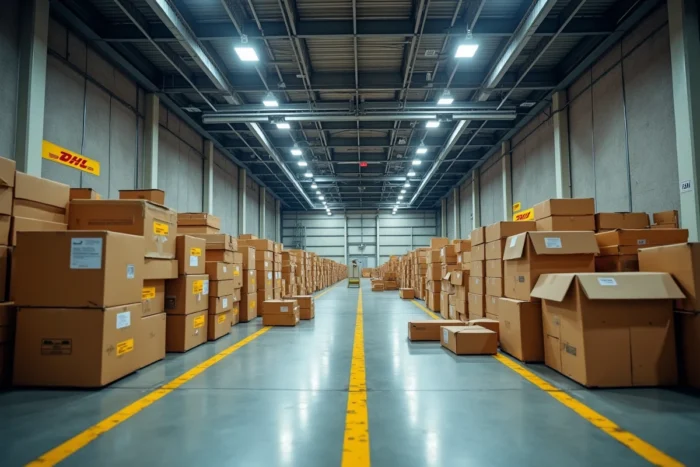 Intérieur d'un centre de tri DHL à l'arrêt avec des colis entassés sur des tapis roulants, symbolisant les retards causés par une grève dans les livraisons franco-allemandes