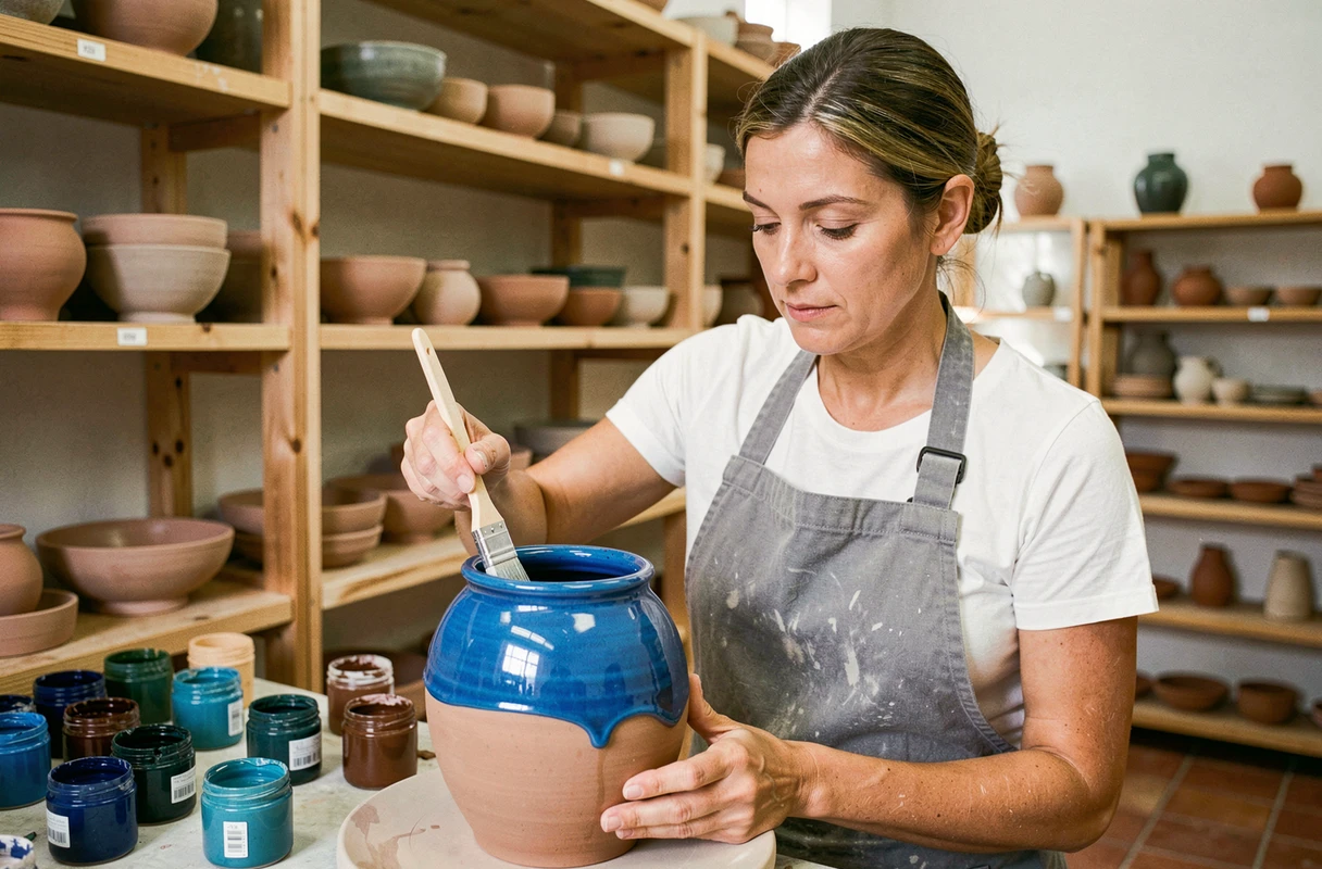 Céramiste appliquant un émail bleu électrique brillant sur un vase en grès dans un atelier de poterie