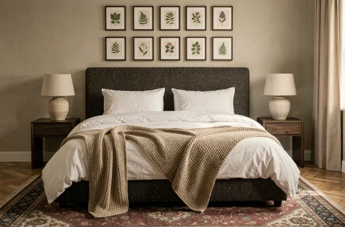 Chambre élégante avec tête de lit en bouclette anthracite, linge de lit blanc, plaid en maille épaisse et mur de cadres botaniques au-dessus du lit