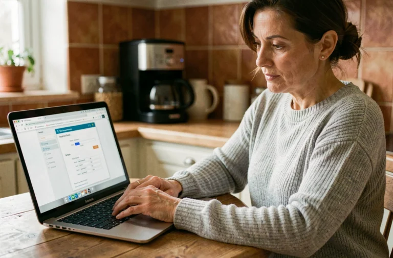 Femme modifiant le mot de passe wifi Orange sur un ordinateur portable dans une cuisine