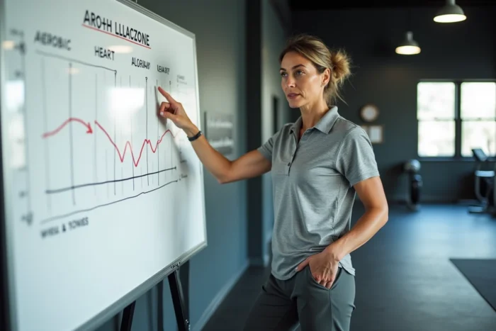 Coach sportive expliquant les différences entre activité aérobie et anaérobie sur un tableau dans une salle de sport professionnelle