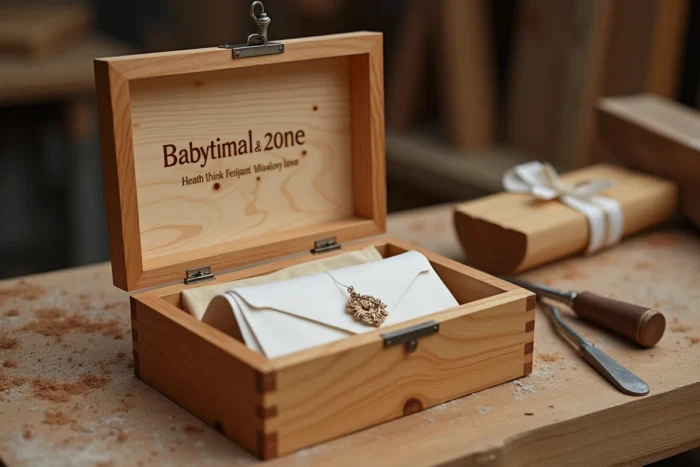 Coffret souvenir en bois artisanal gravé avec prénom et date de baptême, ouvert avec souvenirs à l'intérieur