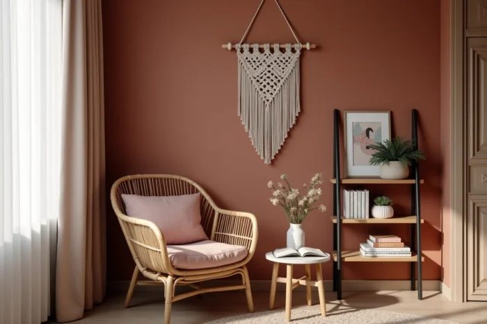 Coin lecture cosy avec fauteuil en rotin et tissu bouclé rose dans une chambre aux murs terracotta et étagère en chêne