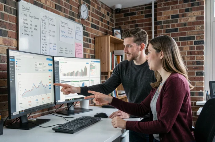Deux collègues analysant ensemble des données financières sur une plateforme en ligne dans un espace de travail collaboratif