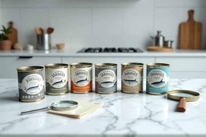 Comparaison de cinq marques de sardines en conserve posées sur un comptoir en marbre blanc avec étiquettes nutritionnelles visibles et loupe