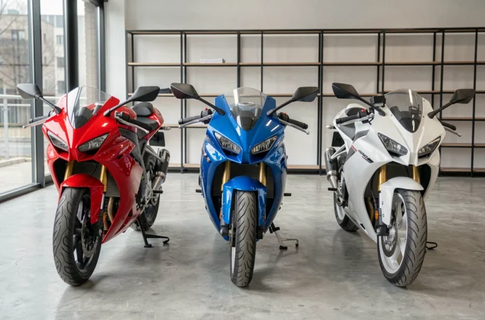 Trois motos sportives alignées dans un showroom moderne, sélection des meilleures alternatives à la Yamaha R1