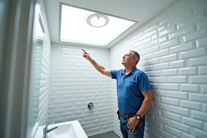 Conduit de lumière Sun Tunnel installé au plafond d'une salle de bain sans fenêtre pour apporter la lumière naturelle