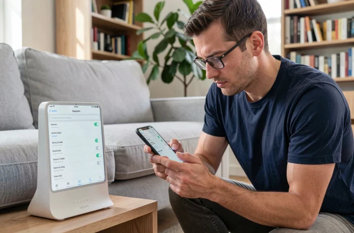 Homme configurant le routeur wifi Orange avec un smartphone dans un salon moderne