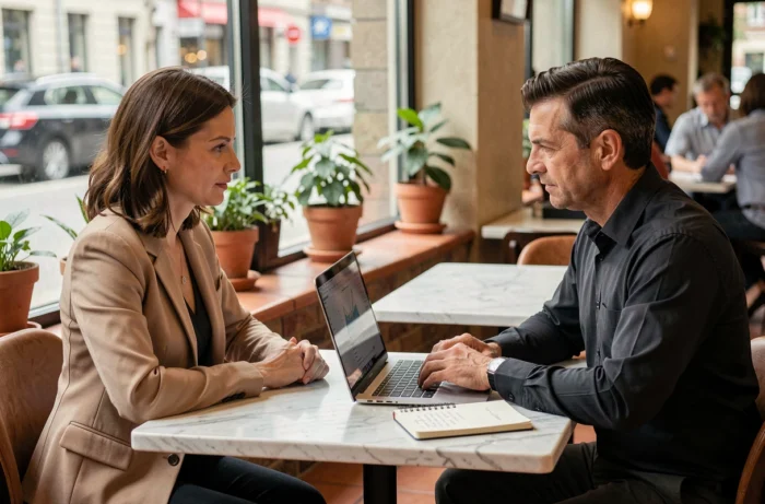 Consultant et entrepreneur discutant de services sur mesure pour PME lors d'une réunion dans un café urbain