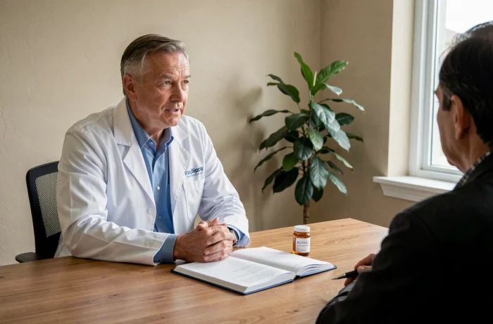 Médecin naturopathe en consultation avec un patient discutant des précautions d'usage de la gelée royale sur son bureau