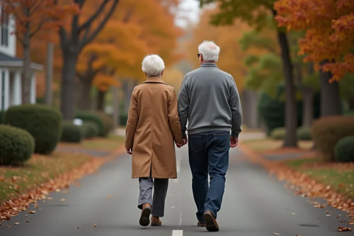 Couple discret se promenant ensemble dans une rue résidentielle en automne, symbolisant une vie de famille loin des médias