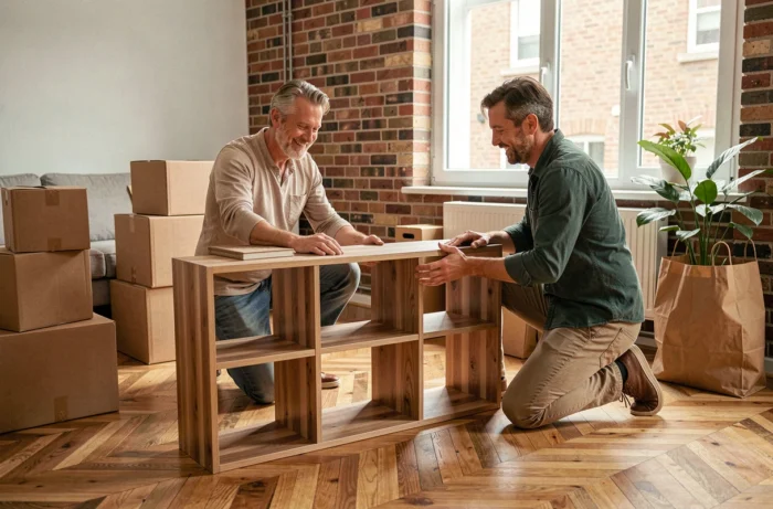 Couple assemblant des étagères modulables dans leur nouveau salon lors d'un déménagement, aménagement intérieur optimisé