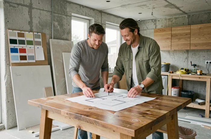 Couple étudiant des plans d'architecte dans un appartement en cours de rénovation