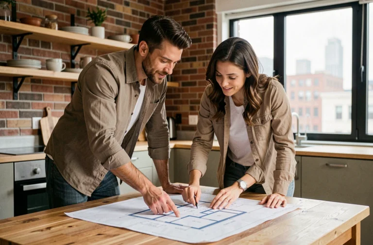 Couple examinant des plans architecturaux pour leur projet immobilier en 2024