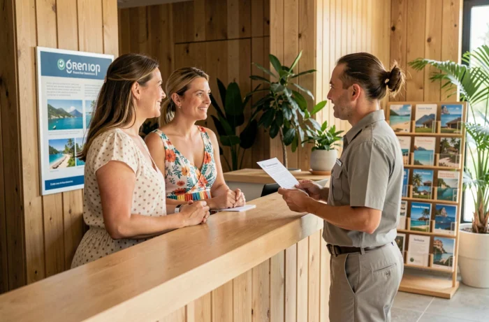 Couple donnant son avis à la réception d'une résidence de vacances Odalys