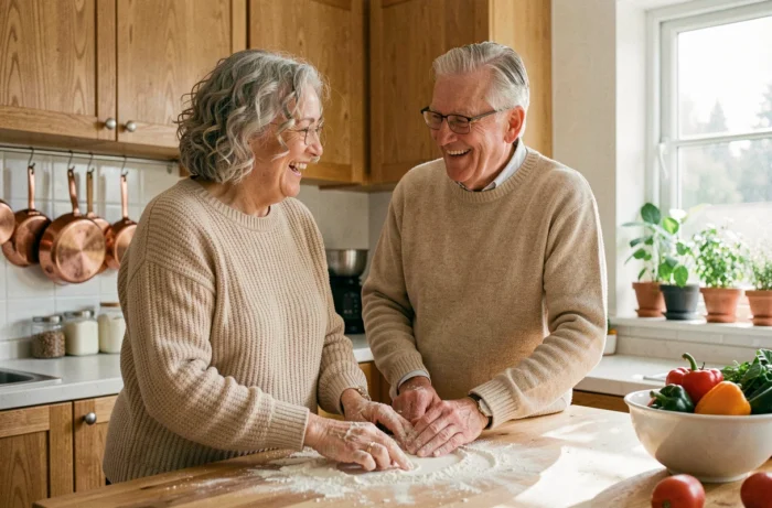 Couple de seniors joyeux cuisinant ensemble dans une cuisine moderne en bois, incarnant le bonheur partagé et les plaisirs du quotidien à la retraite