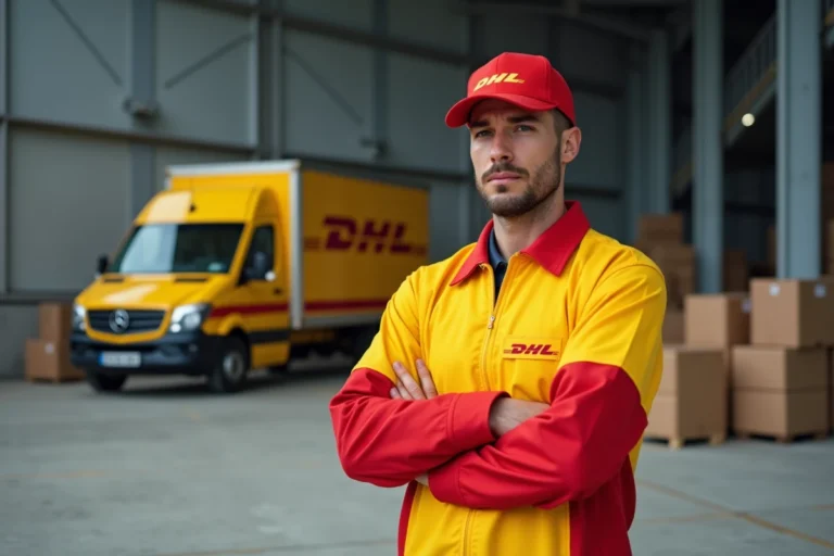 Coursier DHL en uniforme devant un dépôt logistique, illustrant les perturbations de livraison entre la France et l'Allemagne lors d'une grève