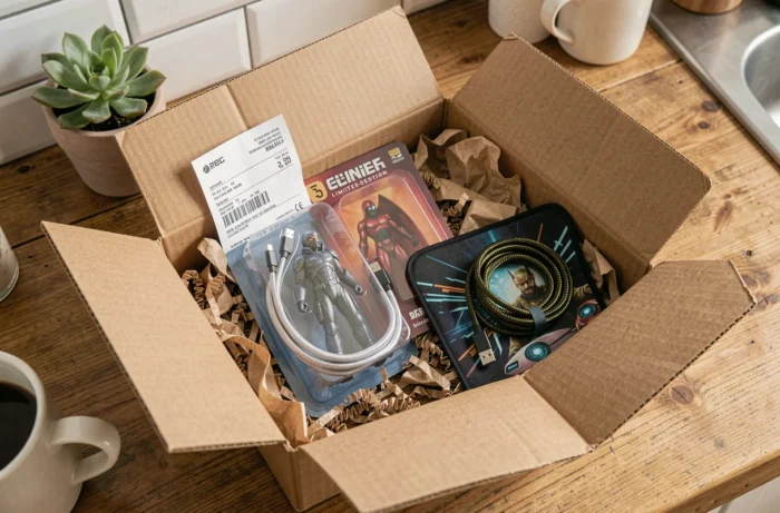 Déballage de commande d'une boutique geek en ligne avec figurine collector, câble et tapis de souris sur une table en bois