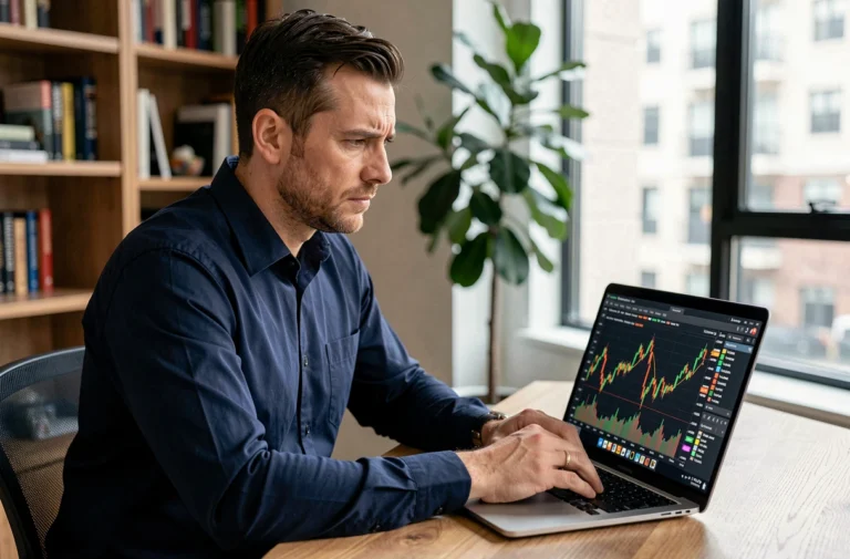 Homme concentré analysant des graphiques boursiers sur un ordinateur portable dans un bureau à domicile moderne