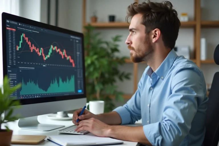 Homme analysant des graphiques boursiers sur un écran d'ordinateur dans un bureau à domicile moderne