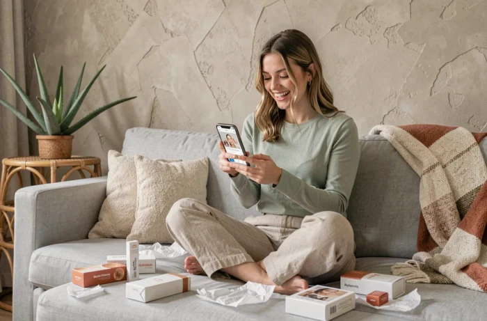 Jeune femme découvrant ses achats beauté en ligne livrés à domicile, entourée de colis ouverts sur un canapé