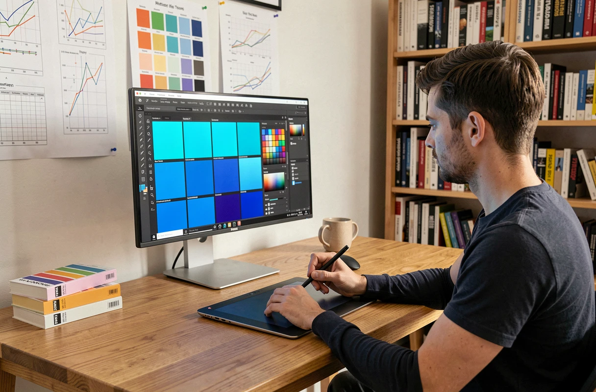 Designer graphique travaillant sur une palette de couleurs bleu électrique devant un grand écran calibré