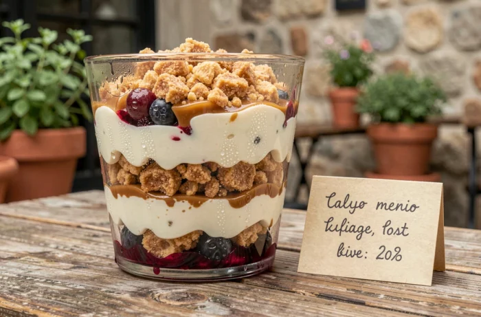 Coupe de dessert en verrée aux couches de crème vanille, caramel croustillant et compotée de fruits rouges posée sur bois brut